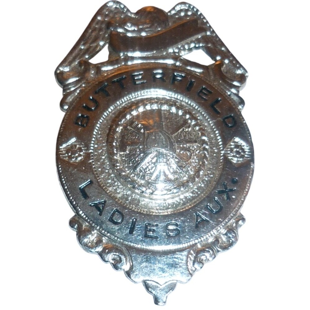 Vintage Butterfield Fire Department Ladies Auxiliary Pin Silver Tone Badgeโ
